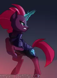 Size: 765x1050 | Tagged: safe, artist:hikariviny, derpibooru import, tempest shadow, pony, unicorn, my little pony: the movie, angry, armor, broken horn, eye scar, female, glowing horn, gritted teeth, looking back, magic, mare, rearing, scar, serious, serious face, solo, sparking horn