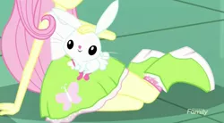Size: 1400x771 | Tagged: safe, derpibooru import, screencap, angel bunny, fluttershy, eqg summertime shorts, equestria girls, pet project, cute, discovery family logo, legs, petting
