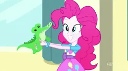Size: 1400x781 | Tagged: safe, derpibooru import, screencap, gummy, pinkie pie, eqg summertime shorts, equestria girls, pet project, cute, discovery family logo, grin, holding, plushie, smiling, solo, squee