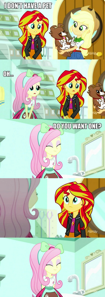 Size: 783x2202 | Tagged: safe, derpibooru import, edit, edited screencap, screencap, applejack, fluttershy, sunset shimmer, winona, eqg summertime shorts, equestria girls, pet project, comic, discovery family logo, image macro, implied lesbian, implied pet play, implied sunshyne, meme, screencap comic