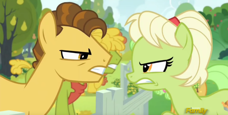 Size: 1276x644 | Tagged: safe, derpibooru import, screencap, grand pear, granny smith, pony, the perfect pear, angry, discovery family logo, young grand pear, young granny smith, younger