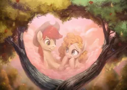 Size: 1200x850 | Tagged: safe, artist:assasinmonkey, derpibooru import, bright mac, pear butter, bird, earth pony, pony, the perfect pear, apple tree, brightbutter, cowboy hat, eye contact, female, flower, flower in hair, hat, intertwined trees, looking at each other, male, mare, pear tree, shipping, stallion, straight, tree