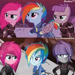 Size: 894x894 | Tagged: safe, artist:marshmallowbab, derpibooru import, maud pie, pinkie pie, rainbow dash, pegasus, pony, equestria girls, the cutie re-mark, alternate hairstyle, alternate timeline, apinkalypse pie, apocalypse dash, apocalypse maud, armor, crystal war timeline, ear piercing, earring, equestria girls interpretation, female, jewelry, mare, piercing, pinkamena diane pie, scar, scene interpretation, trio