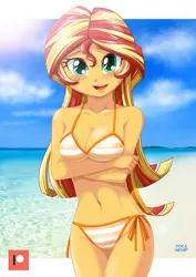 Size: 707x1000 | Tagged: safe, artist:uotapo, derpibooru import, sunset shimmer, equestria girls, adorasexy, beach, beach babe, belly button, bicolor swimsuit, bikini, bikini babe, blushing, breasts, busty sunset shimmer, clothes, cute, female, looking at you, orange swimsuit, patreon, patreon logo, praise the sunset, sexy, shimmerbetes, side-tie bikini, smiling, solo, string bikini, striped swimsuit, swimsuit, underass, uotapo is trying to murder us, water