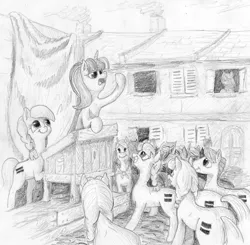 Size: 1005x986 | Tagged: safe, artist:t72b, derpibooru import, starlight glimmer, pony, the cutie map, background pony, banner, building, communism, equal cutie mark, monochrome, our town, smiling, stalin glimmer, traditional art