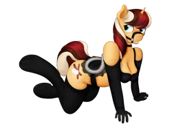 Size: 3750x2800 | Tagged: suggestive, artist:fly1ngsquid, derpibooru import, oc, oc:sugar spice, unofficial characters only, anthro, unguligrade anthro, unicorn, all fours, anthro oc, bra, breasts, bridle, choker, clothes, evening gloves, female, gloves, lingerie, long gloves, mare, panties, saddle, simple background, solo, solo female, stockings, tack, tail wrap, thigh highs, transparent background, underwear