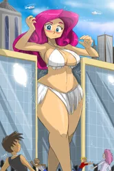 Size: 1939x2917 | Tagged: absolute cleavage, anime, armpits, artist:shonuff44, attack of the 50 ft. woman, attack of the 60 ft. centerfold, belly button, blushing, bocas top, breasts, building, busty pinkie pie, cleavage, clothes, cloud, derpibooru import, female, giantess, helicopter, human, humanized, macro, manga, pinkie pie, pinkie thighs, sky, solo focus, stuck, suggestive, thunder thighs, torn clothes, varying degrees of want, wide hips