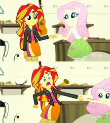 Size: 1366x1534 | Tagged: safe, derpibooru import, edit, screencap, fluttershy, sunset shimmer, eqg summertime shorts, equestria girls, pet project, collage, holding hands, lip bite, pure unfiltered evil, pure unfiltered horror