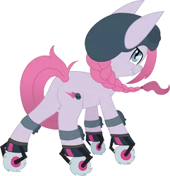 Size: 8671x9000 | Tagged: safe, artist:xboomdiersx, derpibooru import, oc, oc:roller brawl, unofficial characters only, earth pony, pony, absurd resolution, braid, fangs, female, helmet, looking back, mare, plot, roller skates, simple background, solo, transparent background, vector