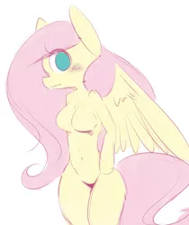 Size: 2237x2657 | Tagged: anthro, arm hooves, artist:verminshy, barbie doll anatomy, belly button, blushing, breasts, derpibooru import, doodle, featureless breasts, female, fluttershy, looking at you, mare, no pupils, pegasus, simple background, solo, solo female, suggestive, white background