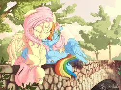 Size: 3500x2600 | Tagged: safe, artist:nobody47, derpibooru import, fluttershy, rainbow dash, pegasus, pony, bridge, cuddling, cute, dashabetes, eyes closed, female, floppy ears, flutterdash, hug, lesbian, mare, nap, outdoors, resting, shipping, shyabetes, sitting, snuggling, spread wings, stray strand, tree, weapons-grade cute, winghug, wings