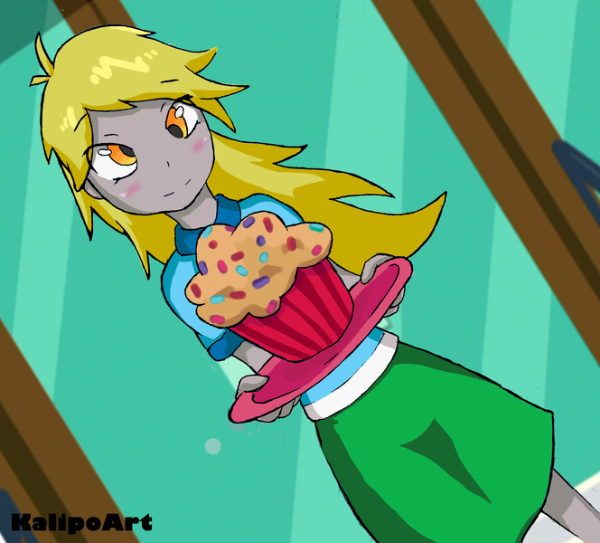 Size: 1642x1484 | Tagged: safe, artist:kalipoart, derpibooru import, derpy hooves, equestria girls, female, food, muffin, solo