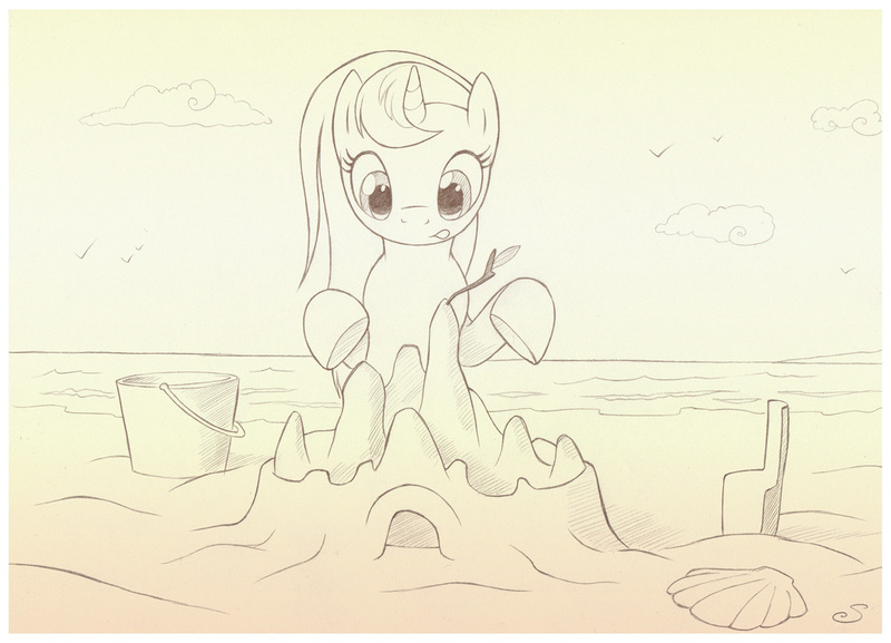 Size: 1024x739 | Tagged: safe, artist:sherwoodwhisper, derpibooru import, oc, oc:eri, unofficial characters only, bird, pony, unicorn, beach, bucket, cloud, monochrome, sand castle, seashell, seashore, solo, tongue out, traditional art, tree branch