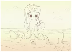 Size: 1024x739 | Tagged: safe, artist:sherwoodwhisper, derpibooru import, oc, oc:eri, unofficial characters only, bird, pony, unicorn, beach, bucket, cloud, monochrome, sand castle, seashell, seashore, solo, tongue out, traditional art, tree branch