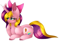 Size: 2508x1745 | Tagged: safe, artist:alithecat1989, derpibooru import, oc, oc:painter star, unofficial characters only, pony, unicorn, bow, female, hair bow, mare, prone, simple background, solo, transparent background