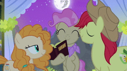 Size: 1920x1080 | Tagged: safe, derpibooru import, screencap, bright mac, mayor mare, pear butter, pony, the perfect pear, animated, brightbutter, eyes closed, female, husband and wife, kissing, love, male, mare in the moon, marriage, married couple, moon, non-dyed mayor, shipping, sound, webm, wedding, younger