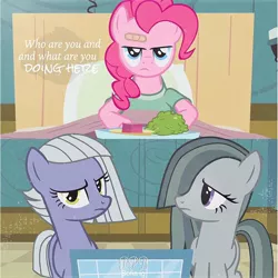 Size: 640x640 | Tagged: safe, derpibooru import, edit, edited screencap, screencap, limestone pie, marble pie, pinkie pie, earth pony, pony, read it and weep, amnesia, battlecloud, board game, female, hospital gown, mare, pie sisters, siblings, sisters