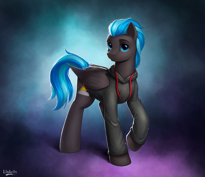 Size: 3000x2601 | Tagged: safe, artist:l1nkoln, derpibooru import, oc, oc:nimbus, unofficial characters only, pegasus, pony, clothes, cutie mark, hoodie, male, solo, stallion