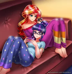 Size: 900x934 | Tagged: safe, artist:racoonsan, derpibooru import, sci-twi, sunset shimmer, twilight sparkle, human, equestria girls, bare shoulders, barefoot, clothes, cuddling, cute, duo, feet, female, glasses, humanized, lesbian, mobile phone, off shoulder, pajamas, phone, scitwishimmer, shimmerbetes, shipping, shoulderless, smartphone, smiling, sunsetsparkle, toes, twiabetes