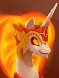 Size: 1970x2574 | Tagged: safe, artist:yunnecora, derpibooru import, daybreaker, alicorn, pony, a royal problem, bust, fangs, female, fire, helmet, mare, portrait, smiling, solo, tongue out