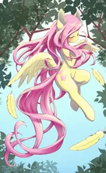 Size: 1200x1942 | Tagged: safe, artist:unousaya, derpibooru import, fluttershy, pegasus, pony, semi-anthro, blushing, cute, eyes closed, feather, female, flying, mare, shyabetes, solo, tree