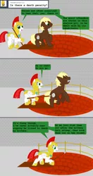 Size: 1000x1900 | Tagged: safe, artist:hakar-kerarmor, derpibooru import, oc, oc:arrowhead, oc:moebius strip, earth pony, pegasus, pony, ask four inept guardponies, female, implied kittens, male, mare, pit, reversalmushroom, royal guard, spear, stabbing, stallion, weapon