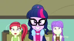 Size: 1280x720 | Tagged: safe, derpibooru import, screencap, rose heart, sci-twi, starlight, twilight sparkle, eqg summertime shorts, equestria girls, subs rock, bowtie, cute, discovery family logo, glasses, ponytail, smiling, twiabetes