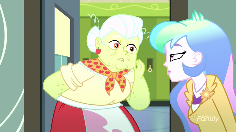 Size: 1280x720 | Tagged: safe, derpibooru import, screencap, granny smith, princess celestia, eqg summertime shorts, equestria girls, subs rock, bun, celestia is not amused, clothes, ear piercing, earring, jewelry, lunchlady smith, not impressed, piercing, principal celestia, scarf, unamused