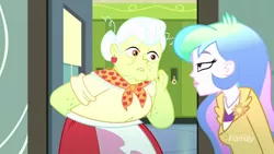 Size: 1280x720 | Tagged: safe, derpibooru import, screencap, granny smith, princess celestia, eqg summertime shorts, equestria girls, subs rock, bun, celestia is not amused, clothes, ear piercing, earring, jewelry, lunchlady smith, not impressed, piercing, principal celestia, scarf, unamused