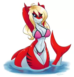 Size: 875x912 | Tagged: anthro, anthro oc, artist:ambris, belly button, bikini, breasts, clothes, derpibooru import, fangs, female, oc, oc:scarlet rose, original species, shark, shark pony, simple background, solo, solo female, species swap, suggestive, swimsuit, unofficial characters only, water