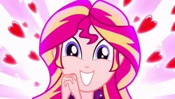 Size: 1280x720 | Tagged: safe, derpibooru import, screencap, sunset shimmer, eqg summertime shorts, equestria girls, pet project, cute, happy, heart, shimmerbetes, shimmering the gecko, smiling, squee