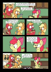 Size: 2480x3507 | Tagged: safe, artist:bobthedalek, derpibooru import, apple bloom, applejack, big macintosh, earth pony, pony, the perfect pear, bait and switch, comic, dishonorapple, food, jam, kitchen, pear jam