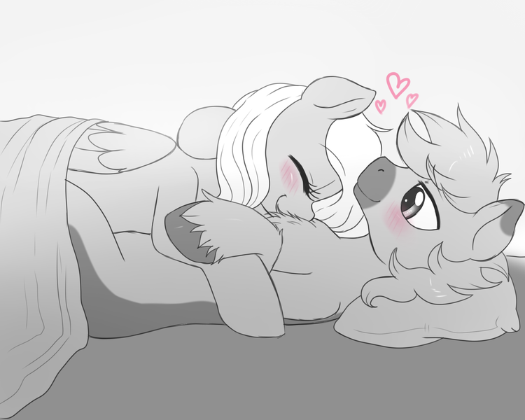 Size: 1538x1230 | Tagged: safe, artist:evomanaphy, derpibooru import, oc, oc:melodis, oc:yaktan, unofficial characters only, pony, bed, blushing, chest fluff, cuddling, doodle, female, male, melotan, monochrome, shipping, sketch, snuggling, straight