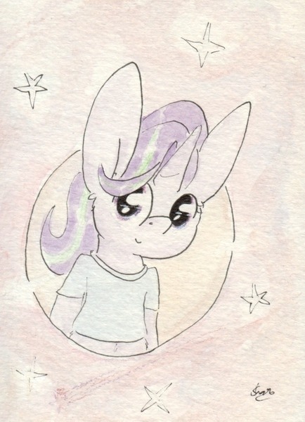 Size: 692x956 | Tagged: safe, artist:slightlyshade, derpibooru import, starlight glimmer, anthro, unicorn, belly button, big ears, bust, clothes, midriff, shirt, short shirt, smiling, solo, stars, traditional art