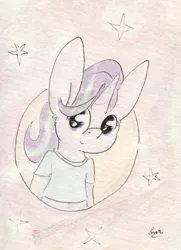 Size: 692x956 | Tagged: safe, artist:slightlyshade, derpibooru import, starlight glimmer, anthro, unicorn, belly button, big ears, bust, clothes, midriff, shirt, short shirt, smiling, solo, stars, traditional art