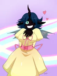Size: 1176x1576 | Tagged: alternate hairstyle, anthro, artist:traupa, blushing, breasts, changeling, changeling queen, clothes, cute, cutealis, derpibooru import, dress, female, heart, one eye closed, queen chrysalis, safe, short hair, smiling, solo, wink