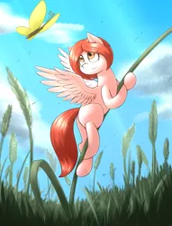 Size: 2303x3015 | Tagged: safe, artist:otakuap, derpibooru import, oc, oc:weathervane, unofficial characters only, butterfly, pegasus, pony, cloud, commission, female, grass, mare, micro, sky, smiling, solo, ych result