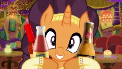 Size: 1366x768 | Tagged: safe, derpibooru import, saffron masala, pony, dialogue, food, hot sauce, looking at you, manip, spicy