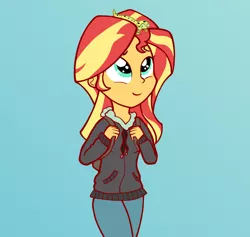 Size: 986x934 | Tagged: safe, artist:zharkaer, derpibooru import, ray, sunset shimmer, leopard gecko, eqg summertime shorts, equestria girls, monday blues, pet project, clothes, cute, female, gradient background, hoodie, shimmerbetes, walking