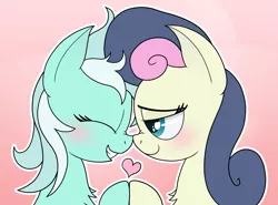 Size: 1469x1085 | Tagged: safe, artist:manual-monaro, derpibooru import, bon bon, lyra heartstrings, sweetie drops, earth pony, pony, unicorn, blushing, boop, boop bon, bust, canon ship, chest fluff, cute, eyes closed, female, gradient background, grin, happy, heart, heartwarming in hindsight, holding hooves, lesbian, lidded eyes, lyrabon, mare, nose wrinkle, noseboop, outline, portrait, profile, shipping, smiling