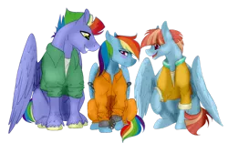 Size: 1024x643 | Tagged: safe, artist:kimyowolf, derpibooru import, bow hothoof, rainbow dash, windy whistles, pony, abuse, blushing, bound wings, chains, clothes, cuffed, cuffs, dashabuse, embarrassed, handcuffed, prison outfit, prisoner, prisoner rd, rainbow dash's parents, shackles