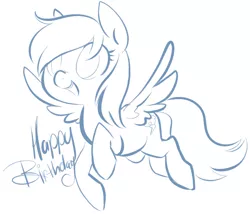 Size: 702x602 | Tagged: safe, artist:briskby, derpibooru import, rainbow dash, pegasus, pony, cute, female, flying, happy, happy birthday, mare, monochrome, open mouth, simple background, sketch, smiling, solo, spread wings, white background, wings