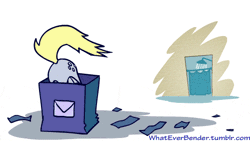 Size: 500x281 | Tagged: safe, artist:whateverbender, derpibooru import, derpy hooves, pegasus, pony, :t, animated, ask, ass up, box, bubble butt, butt, butt shake, cute, derpabetes, derpy inside a mailbox, dialogue, explicit source, eyes closed, female, frame by frame, gif, mailbox, mare, mouth hold, nom, offscreen character, perfect loop, plot, reading, shower, simple background, smiling, spitting, squigglevision, tail wag, tumblr, white background