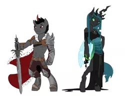 Size: 1024x781 | Tagged: alternate universe, anthro, armor, artist:joan-grace, clothes, derpibooru import, dress, hoof hands, king sombra, magic, male, queen chrysalis, rebellion, safe, simple background, size difference, smaller male, sword, unguligrade anthro, weapon, white background