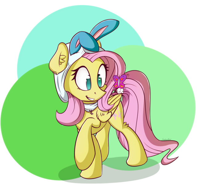 Size: 1232x1142 | Tagged: safe, artist:sentireaeris, derpibooru import, fluttershy, butterfly, pegasus, pony, bunny ears, cute, female, folded wings, looking at something, mare, raised hoof, shyabetes, simple background, smiling, solo