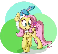 Size: 1232x1142 | Tagged: safe, artist:sentireaeris, derpibooru import, fluttershy, butterfly, pegasus, pony, bunny ears, cute, female, folded wings, looking at something, mare, raised hoof, shyabetes, simple background, smiling, solo