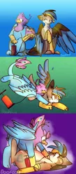 Size: 1278x2941 | Tagged: safe, artist:doqfood, derpibooru import, oc, oc:gertrude, oc:gyro feather, oc:gyro tech, unofficial characters only, gryphon, comic, floating, griffonized, inflatable, inflation, pool toy, pounce, pump, species swap, tackle