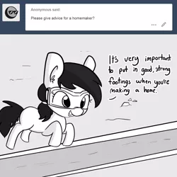 Size: 1650x1650 | Tagged: safe, artist:tjpones, derpibooru import, oc, oc:toolbelt mchomemaker, unofficial characters only, earth pony, pony, horse wife, ask, construction, ear fluff, footing, grayscale, monochrome, ponytail, safety goggles, solo, tumblr