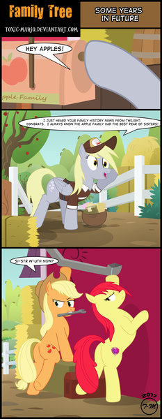 Size: 2424x6239 | Tagged: safe, artist:toxic-mario, derpibooru import, apple bloom, applejack, derpy hooves, pony, the perfect pear, apple tree, barn, clothes, comic, gutter, hat, hay bale, mail, mailbag, mailbox, mailmare, older, plot, sweet apple acres, teenage apple bloom, tools, tree, uniform, wrench