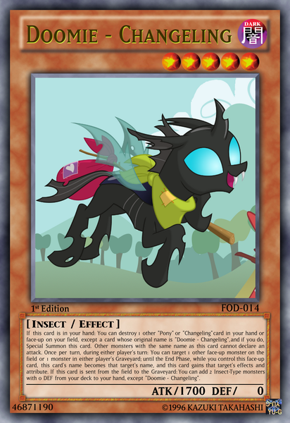 Size: 813x1185 | Tagged: artist:dragonmorpheus, bindle, card game, changeling, clothes, derpibooru import, doomie, edit, flying, knapsack, open mouth, safe, scarf, smiling, solo, tcg editor, trading card edit, yu-gi-oh!, yugioh card